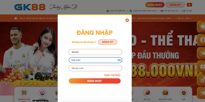 Điền thông tin để đăng nhập GK88